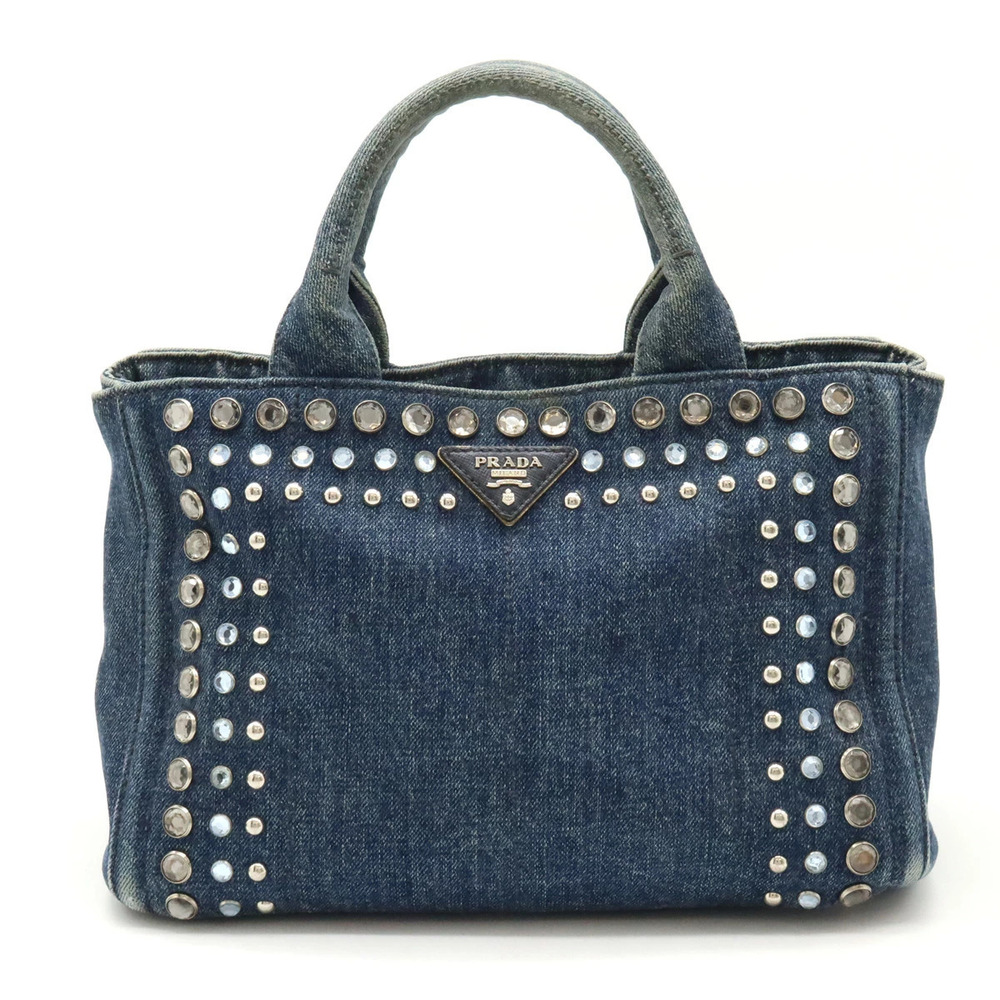 Prada Canapa Bijou Studded Tote Bag Handbag Denim Blue